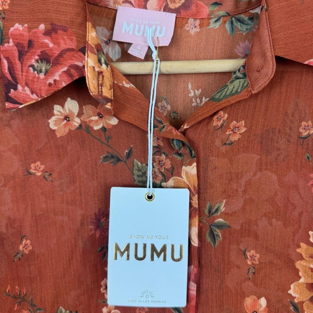 Show Me Your MuMu Carmela Top Blouse Floral Orange Relaxed Chiffon Ruffle Sz S - Picture 5 of 9